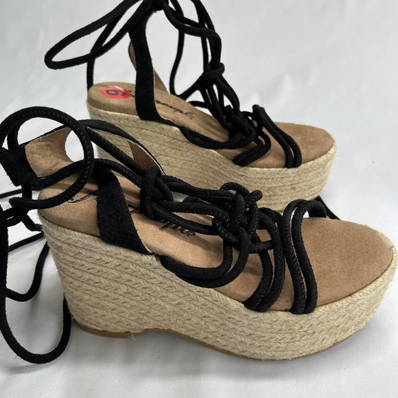 Free People Sandal Platform Wedge Espadrille 6 / 36 Black Suede Strappy Wrap Up - Picture 10 of 15